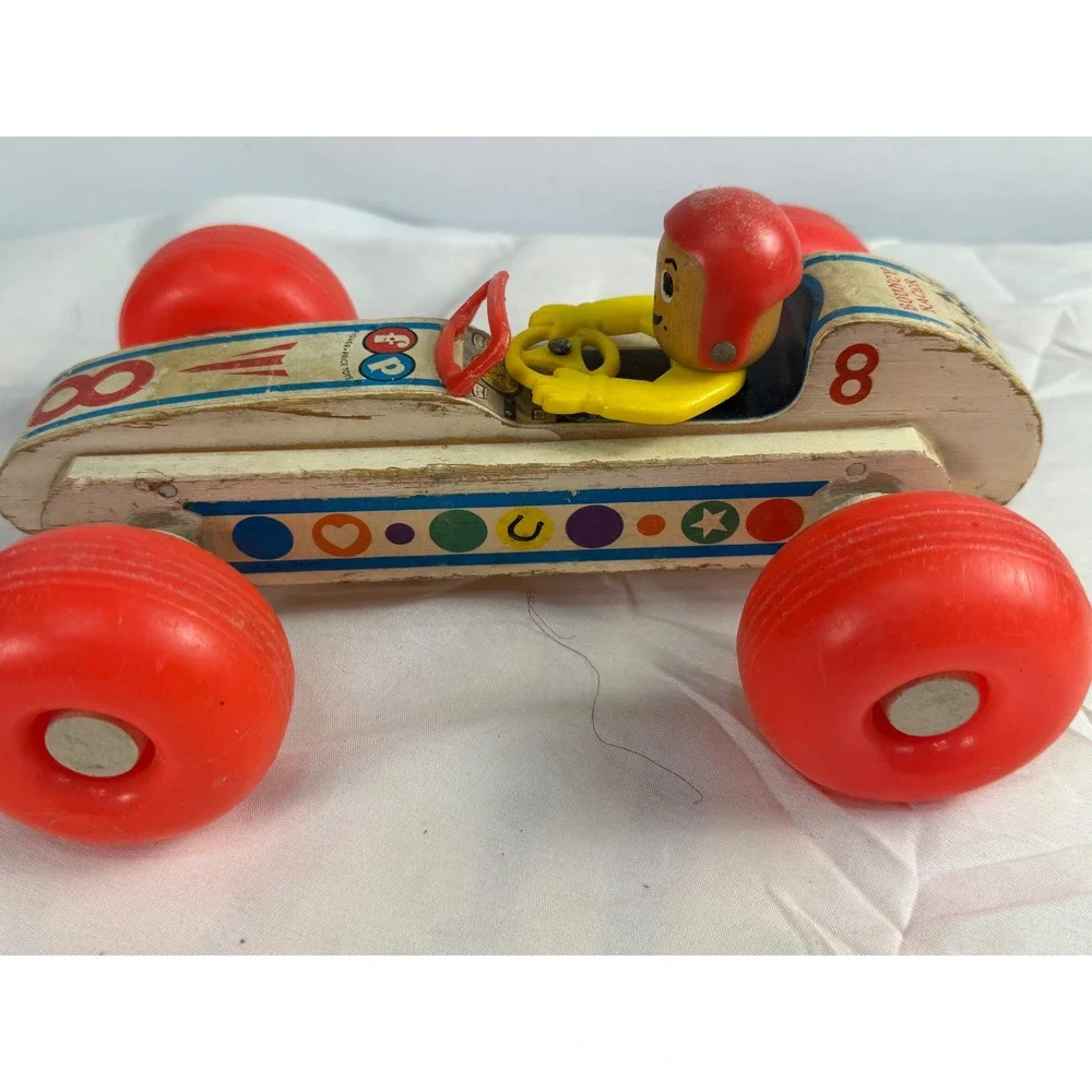 Vintage Fisher Price Bouncy Racer 8 Wooden Pull Toy Race Car 1970s Collectible